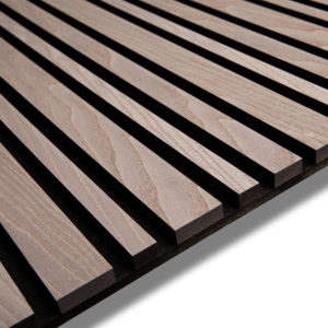Panneau Barcode acoustique en bois de Frêne Gris sur feutre noir, panneau décoratif intérieur, produit ORPA Matériaux – Elaustore.